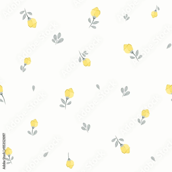 Fototapeta Vector illustration. Seamless Ditsy floral pattern of delicate small yellow flowers on a light background. Liberty Floral pattern, field of flowers, print for fabric, textile, wallpaper