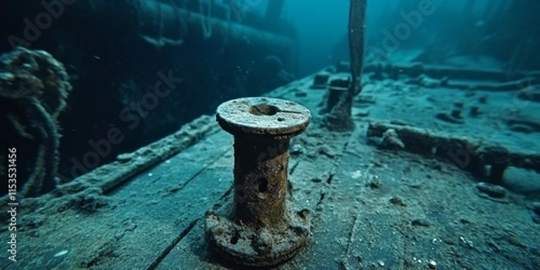 Fototapeta A metal fastening point is situated on the deck of a shipwreck, highlighting the intriguing features of underwater preservation in depths teeming with history and exploration.