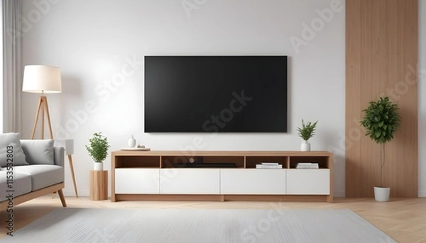 Fototapeta A modern living room with a large flat-screen TV mounted on the wall above a wooden TV stand