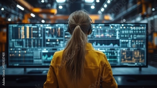 Obraz Young woman wearing headphones analyzing complex data on large screen in modern industrial workspace, focusing on digital trends and insights in technology environment