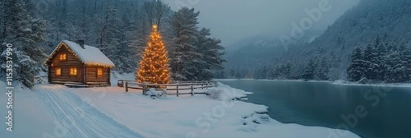 Fototapeta Snowy winter wonderland with a lit Christmas tree near a cozy cabin by the river