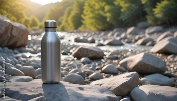 Fototapeta A silver metal mockup water bottle on a rocky riverbed with blurred nature in the background