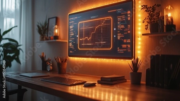 Obraz Sleek and Modern Home Office Setup with Ambient Lighting Showcasing Financial Data Visualization on a Computer Screen for Productivity and Inspiration