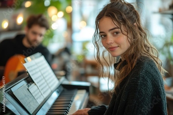 Fototapeta Young woman playing piano in a cozy café setting with warm lighting, while a man strums guitar in the background, creating a harmonious atmosphere for music lovers.