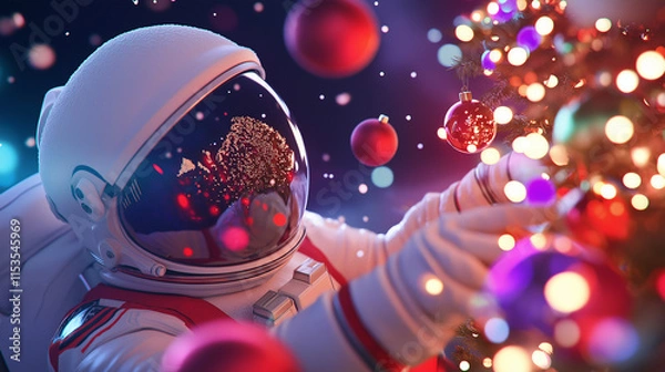 Fototapeta An astronaut decorating a floating Christmas tree with festive ornaments in space, blending holiday spirit with science fiction.