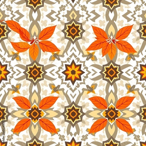 Fototapeta Autumnal Floral Pattern: A vibrant, earthy palette of orange and brown blossoms and intricate geometric shapes, creating a seamless, contemporary pattern that evokes the warmth and beauty of autumn.