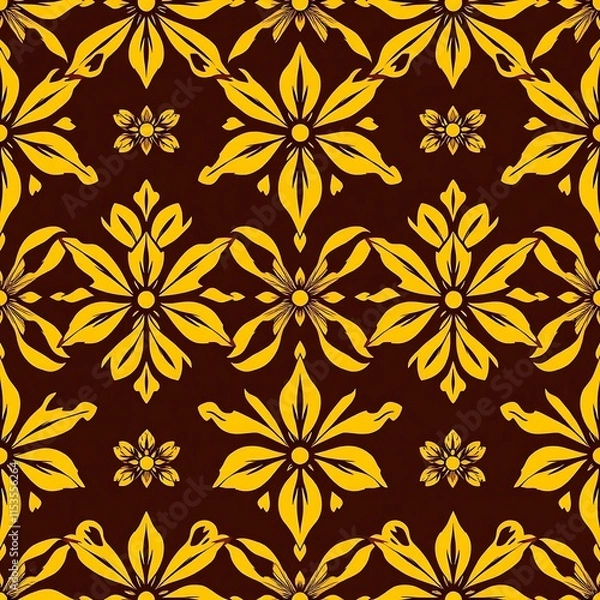 Fototapeta Golden Floral Pattern: A seamless repeat pattern featuring intricate golden floral designs on a rich burgundy background.  Perfect for adding a touch of elegance and sophistication to your projects. 