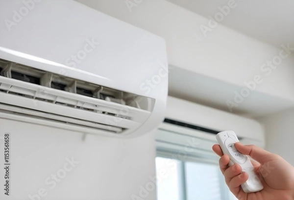 Fototapeta A close-up view of a person's hand adjusting the controls of an air conditioning unit mounted on the wall