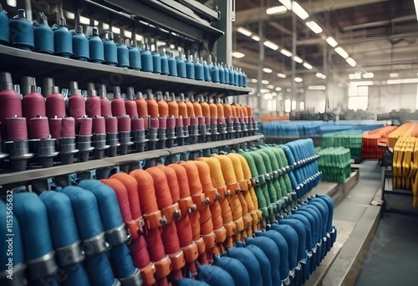 Fototapeta Stacks of vibrant textile bolts in a textile factory , with industrial machinery and equipment visible in the background