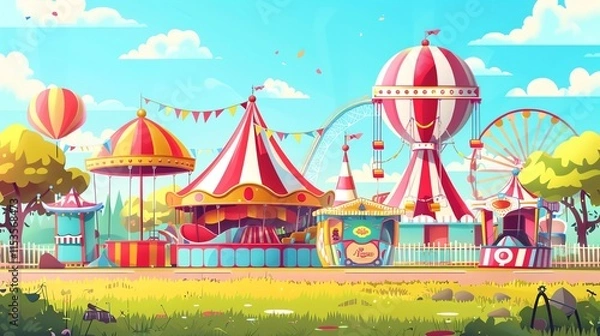 Obraz A cartoon illustration of a colorful carnival with rides and people.