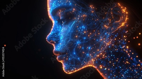 Fototapeta Abstract representation of a woman's profile created with vibrant blue and orange lights symbolizing technology, innovation, and digital connectivity in a dark setting