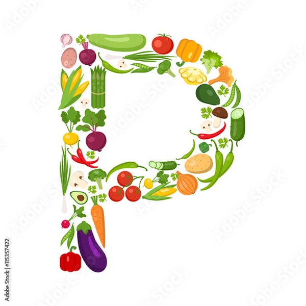 Fototapeta P letter from vegetables. Green alphabet. Fresh green vegetables for healthcare. Healthy diet concept. All vegetables like carrot, onion, tomato, pepper, cucumber, cabbage.