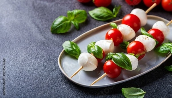 Fototapeta caprese skewers on a platter with mozzarella tomatoes and basil
