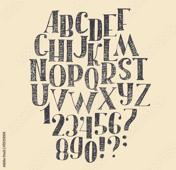 Fototapeta Vector hand drawn font, based on english hand drawn abc from a to z and numbers from 0 to 9. Capital font made with nib and serif, decorated hatch freehand alphabet . Isolated vector illustration.