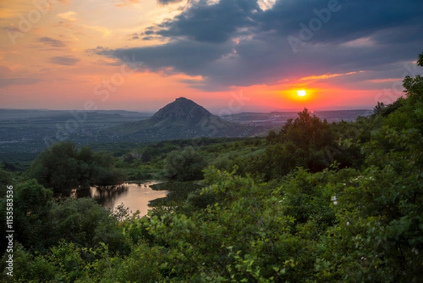 Fototapeta Beautiful view of a mountain peak at sunset. Landscape and nature of the North Caucasus