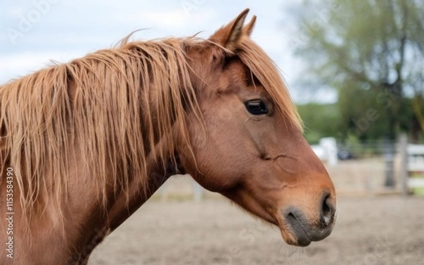 Fototapeta A close-up view of a brown horse showcasing its mane and expressive face