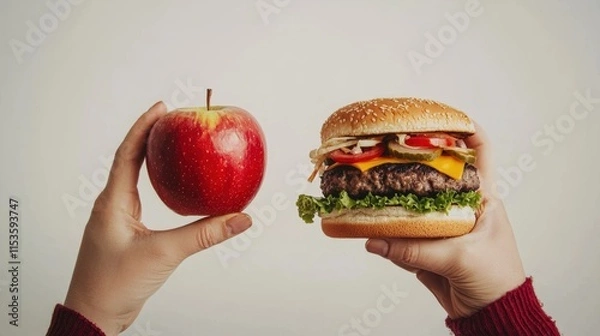 Obraz Healthy vs Unhealthy Food Choice: Hand Holding an Apple and a Burger Representing Nutrition and Lifestyle Decisions