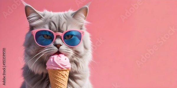 Obraz A cute tabby cat wearing pink sunglasses and licking an ice cream cone against a background