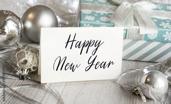 Fototapeta A sign that reads Happy New Year stands on the table with gift boxes in the background. Christmas background with decorations from balls and garlands. Christmas or festive concept.