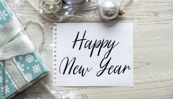 Fototapeta Notepad on the table with the text HAPPY NEW YEAR. Christmas background with decorations from balls and garlands. Delicate shades. Christmas or festive concept.