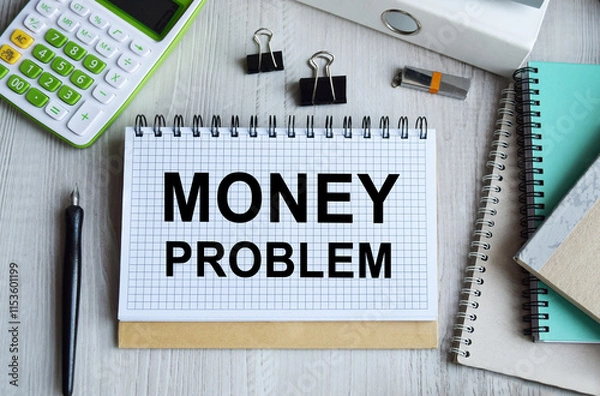 Fototapeta Notepad with the inscription MONEY PROBLEM. Conceptual image, business accessories, calculator isolated on the desktop. Finance or business concept.