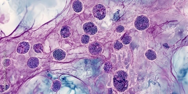 Fototapeta Microscopic image of a fungus infection in the lung, Hematoxylin and Eosin staining highlights the presence of fungal hyphae in the histology tissue block specimen.