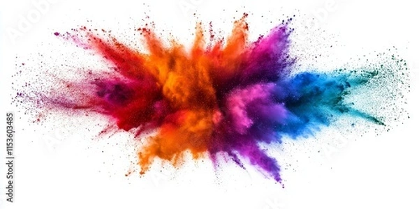 Fototapeta Vibrant multicolored powder explosion against a white background, showcasing a dynamic display of colors in a captivating multicolored powder explosion for artistic visual effects.