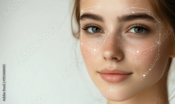 Fototapeta A close-up of a young woman's face adorned with constellation-like patterns.