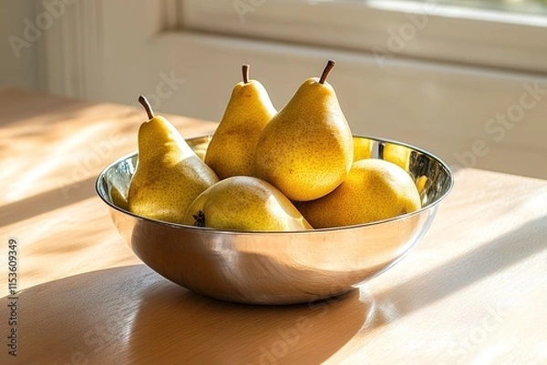 Fototapeta Bright pears nestled in shiny bowl capture warm sunlight and vib