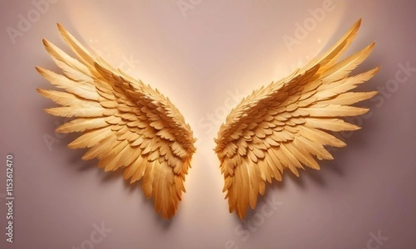 Obraz A pair of large, golden angel wings with intricate feather details against a bright, glowing background