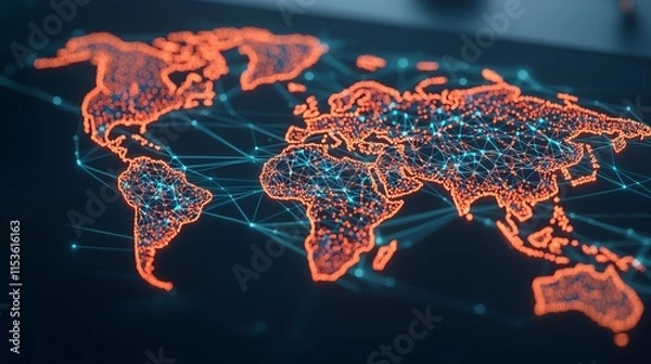 Fototapeta Digital world map with glowing connections in orange and blue tones.