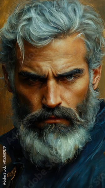 Fototapeta Dramatic Portrait of a Bearded Man with Intense Expression and Silver Hair in Artistic Style