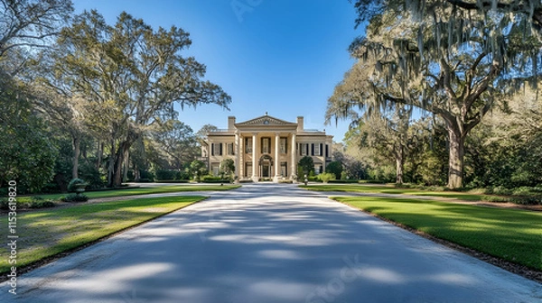 Fototapeta Grand Georgian mansion in Savannah Georgia with symmetrical columns and sprawling oak-lined driveway