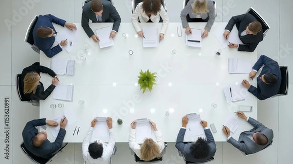 Fototapeta Overhead top view of a business panel collaborating during an office meeting, gathered around a large table to discuss strategies and ideas