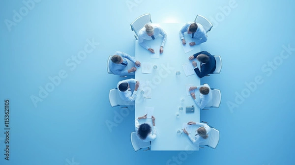 Fototapeta Overhead top view of a business panel collaborating during an office meeting, gathered around a large table to discuss strategies and ideas