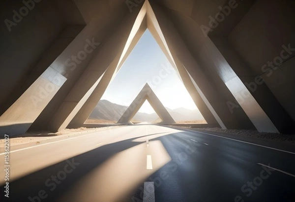 Fototapeta A long, empty road leading towards a bright light at the end of a tunnel-like structure with geometric, triangular shapes on the sides