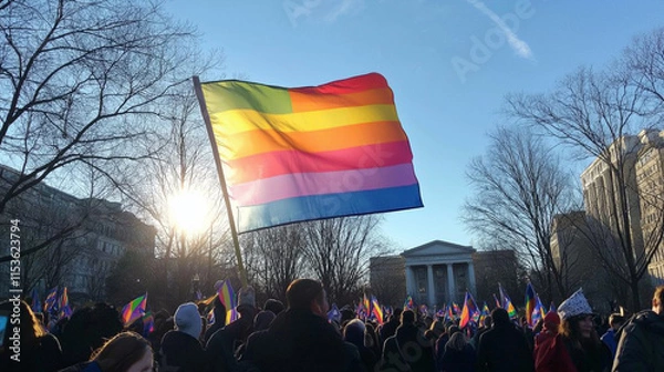 Fototapeta Vibrant scene featuring a big lgbtq flag at a lively protest with happy and joyful people celebrating equality and pride