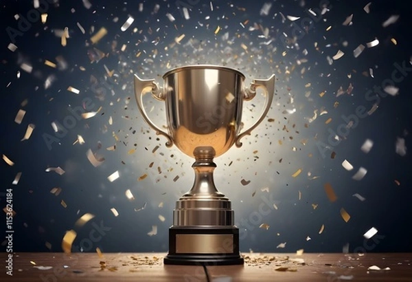 Fototapeta A silver trophy cup on a wooden surface against a bright background with confetti , representing an award or achievement