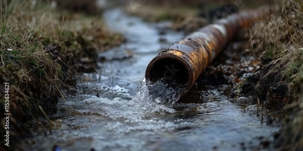 Fototapeta The appearance of contaminated water flowing through corroded metal pipes reflects modern farming practices in Europe and their impact on the environment.