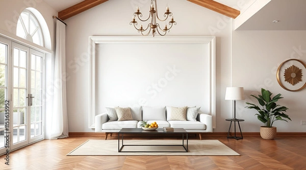 Fototapeta A high-resolution stock photo of an empty white frame in a house interior, vibrant and energetic with bright colors, elegant and refined features