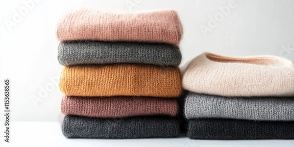 Fototapeta Cashmere sweaters displayed in an isolated setting on a white background, showcasing the luxury and softness of cashmere. Perfect for a stylish banner design featuring cashmere sweaters.