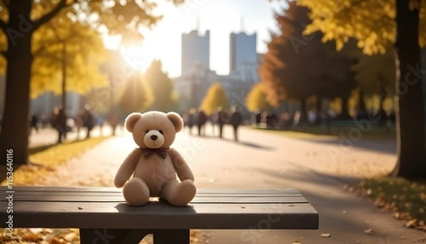 Fototapeta A teddy bear sitting on a park bench in front of a blurred group of people walking in the background on a sunny day