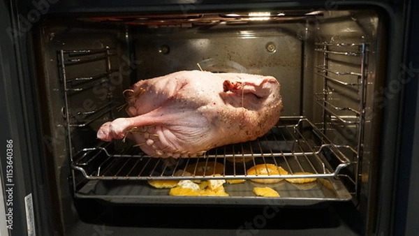 Fototapeta Ganze rohe Gans im Bratofen