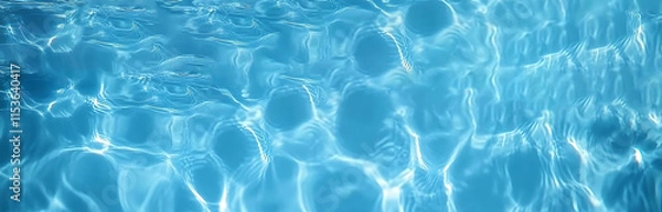 Fototapeta Blue clear water surface texture with ripples, splashes and bubbles. Abstract summer banner background Water waves in sunlight