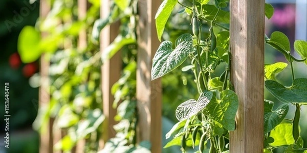 Fototapeta Runner bean plants gracefully climbing a wooden trellis showcase the beauty of gardening, highlighting the vibrant growth of runner beans in an organized, supportive structure.