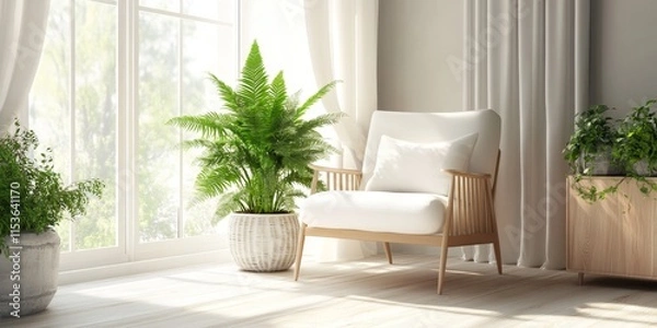 Fototapeta In a bright, roomy living area, a white chair and a potted fern create a cozy vibe. Plants are placed on the floor by the window, enhancing the calm atmosphere of the space.
