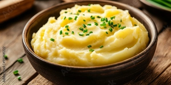 Fototapeta Creamy mashed potatoes with chives served in a bowl, showcasing the delightful texture and flavor of homemade mashed potatoes, perfect for any meal or gathering. Homemade mashed potatoes are a