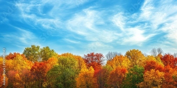 Fototapeta Autumn forest scene featuring a vibrant blue sky provides an ideal background with ample copy space. The autumn forest and its striking colors enhance the beauty of this serene blue sky backdrop.