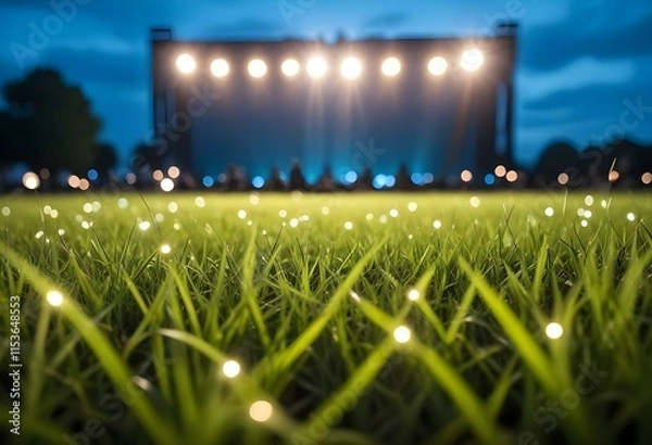 Fototapeta A grassy field with blurred stage lights and a night sky in the background, creating a festive and atmospheric outdoor concert or event setting
