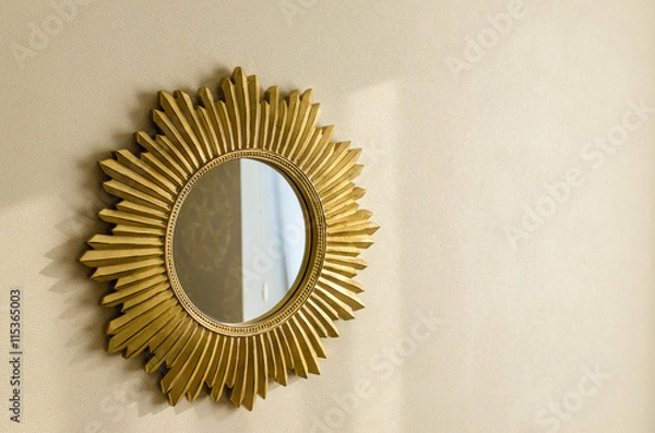 Fototapeta Beautiful modern golden mirror in shape of sun on the wall at home for decoration close-up, copy space for text.